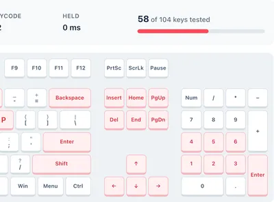 Keyboard tester progress bar showing 58 of 104 keys tested